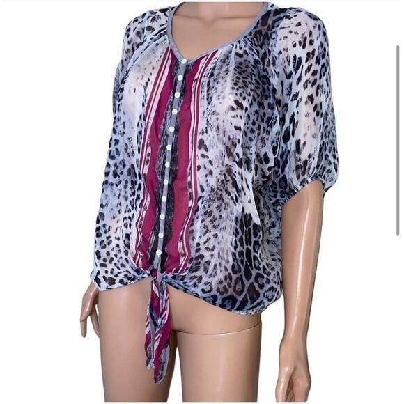 Karen Kane leopard print pink, black & white tie knot button up blouse SZ M - Picture 3 of 9